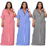 Plus Size Mid-Sleeve Loose Striped Shirt Long Dress HNIF-041