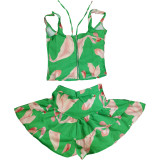Sexy Print Zipper Top+Ruffled Shorts Culotte 2 Piece Sets BGN-238