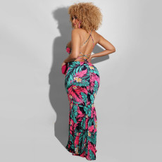 Leaves Print Backless Sling Maxi Dress OSIF-22190