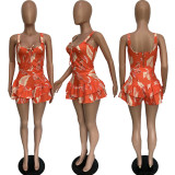 Sexy Print Zipper Top+Ruffled Shorts Culotte 2 Piece Sets BGN-238