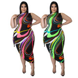 Plus Size Printed Sleeveless Lace-Up Hollow Irregular Midi Dress ASL-7077