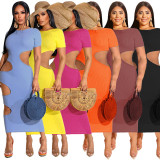 Plus Size Solid Short Sleeve Hollow Out Long Dress OSIF-22199