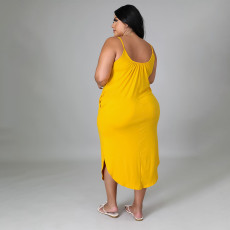 Plus Size Solid Sleevless Pockets Split Midi Dress HNIF-013
