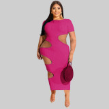Plus Size Solid Short Sleeve Hollow Out Long Dress OSIF-22199