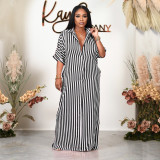 Plus Size Mid-Sleeve Loose Striped Shirt Long Dress HNIF-041