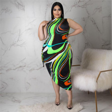 Plus Size Printed Sleeveless Lace-Up Hollow Irregular Midi Dress ASL-7077