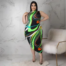 Plus Size Printed Sleeveless Lace-Up Hollow Irregular Midi Dress ASL-7077