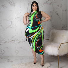 Plus Size Printed Sleeveless Lace-Up Hollow Irregular Midi Dress ASL-7077