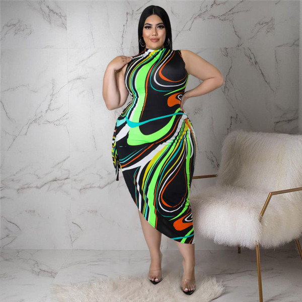 Plus Size Printed Sleeveless Lace-Up Hollow Irregular Midi Dress ASL-7077