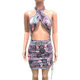 Sexy Printed Halter Hollow Drawstring Club Dress BN-9264