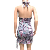 Sexy Printed Halter Hollow Drawstring Club Dress BN-9264