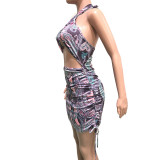 Sexy Printed Halter Hollow Drawstring Club Dress BN-9264