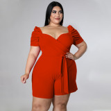 Plus Size Solid V Neck Sashes Romper NNWF-7461