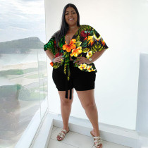 Plus Size Floral Print Two Piece Shorts Set NNWF-7455
