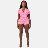 Solid Hooded Zipper Two Piece Shorts Set CH-8210