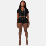 Solid Hooded Zipper Two Piece Shorts Set CH-8210