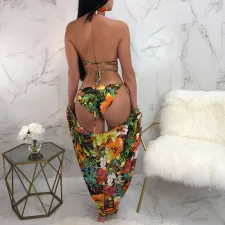 Floral Print Bikinis With Long Cloak 3 Piece Sets LSL-6080