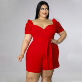 Plus Size Solid V Neck Sashes Romper NNWF-7461