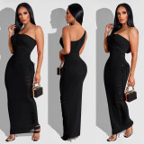 Fashion Sexy Single Shoulder Hollow Solid Color Maxi Dress YD-8577