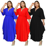 Plus Size Solid V Neck High Waist Big Swing Maxi Dress NNWF-7430