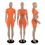 Solid Sexy Lace-Up Hollow Out Short Sleeve Romper YIBF-60139