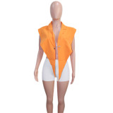 Solid Notched Collar Sleeveless Top (With Brooch)SH-390278