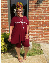 Plus Size Casual Letter Print Short Sleeve Shorts 2 Piece Sets WAF-41647