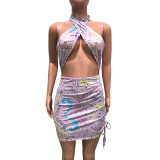 Sexy Printed Halter Hollow Drawstring Club Dress BN-9264