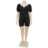 Plus Size Solid V Neck Sashes Romper NNWF-7461