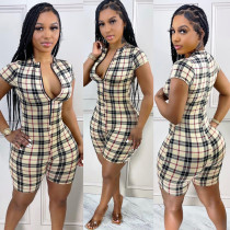 Plaid Print Short Sleeve Zipper Romper BN-9324-1