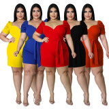 Plus Size Solid V Neck Sashes Romper NNWF-7461