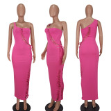 Fashion Sexy Single Shoulder Hollow Solid Color Maxi Dress YD-8577