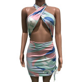 Sexy Printed Halter Hollow Drawstring Club Dress BN-9264
