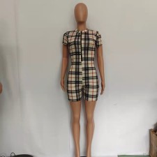 Plaid Print Short Sleeve Zipper Romper BN-9324-1
