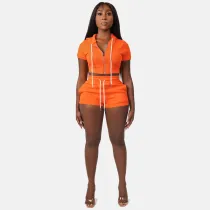 Solid Hooded Zipper Two Piece Shorts Set CH-8210