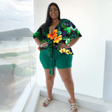 Plus Size Floral Print Two Piece Shorts Set NNWF-7455