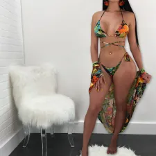 Floral Print Bikinis With Long Cloak 3 Piece Sets LSL-6080