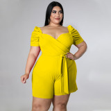Plus Size Solid V Neck Sashes Romper NNWF-7461