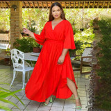 Plus Size Solid V Neck High Waist Big Swing Maxi Dress NNWF-7430