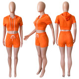 Solid Hooded Zipper Two Piece Shorts Set CH-8210