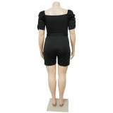 Plus Size Solid V Neck Sashes Romper NNWF-7461