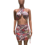 Sexy Printed Halter Hollow Drawstring Club Dress BN-9264