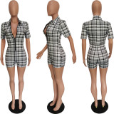 Plaid Short Sleeve Zipper Romper BGN-239