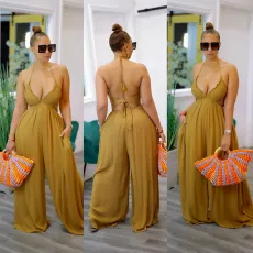 Plus Size Casual Loose Solid Color Halter Jumpsuits YH-5252