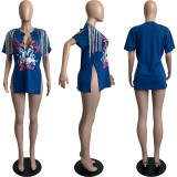 Sexy Printed Tassel Split Short Sleeve T Shirt FSL-F193