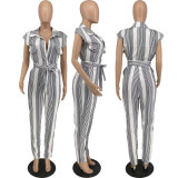 Casual Striped Sleeveless Sashes Jumpsuit MXDF-6085