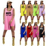 Casual Letter Print Long Tank Top Shorts Two Piece Set TE-2047