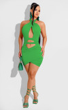 Solid Sexy Hollow Out Halter Backless Mini Dress ZDF-31198