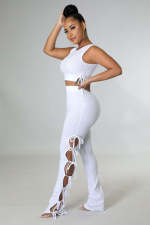 Solid Color Vest Hollow Lace-up Pants Two Piece Sets LX-6925