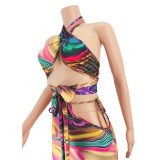 Sexy Printed Halter Hollow Maxi Skirt Two Piece Sets JZHF-8107
